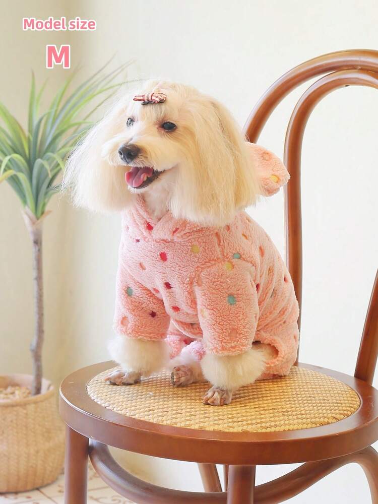 1pc Coral Fleece Polka Dot Hooded Jumpsuit Pet Winter Clothes For Cats & Dogs, Super Soft & Warm
