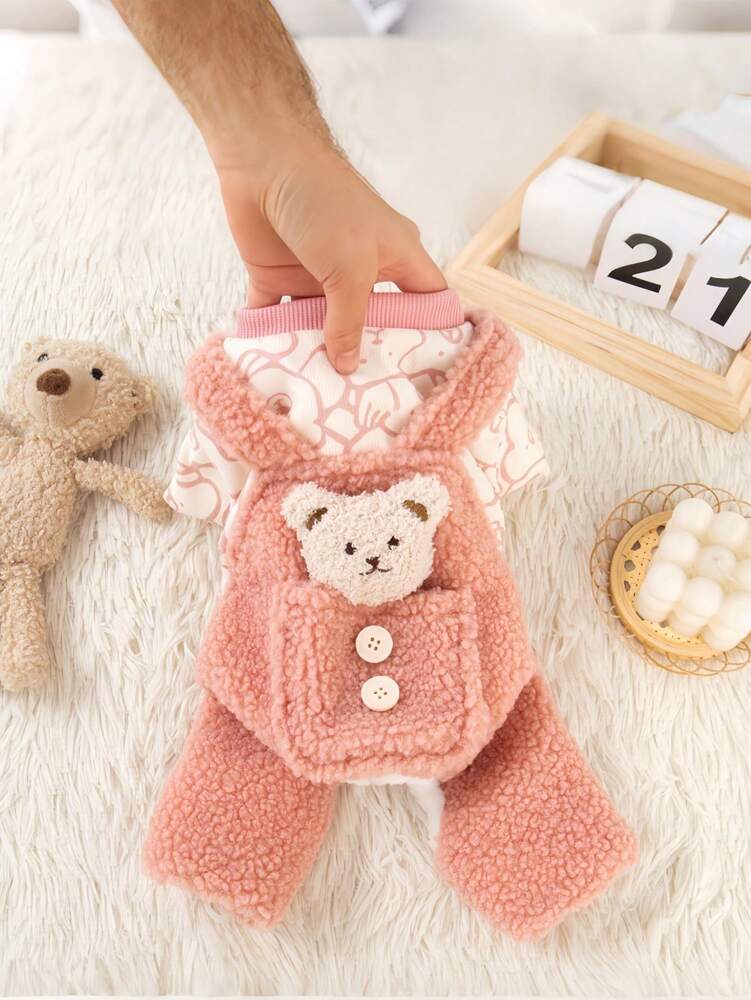 SHEIN Thermal Lined Pet Jumpsuit With Bear Strap Design, Button Style, Thick Warm Pet Clothes For Cats And Dogs