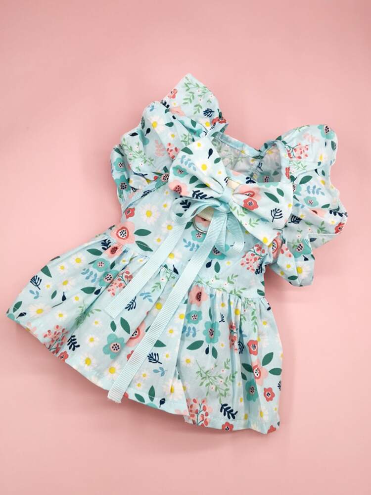 1pc Floral Print Pet Dress With Bow