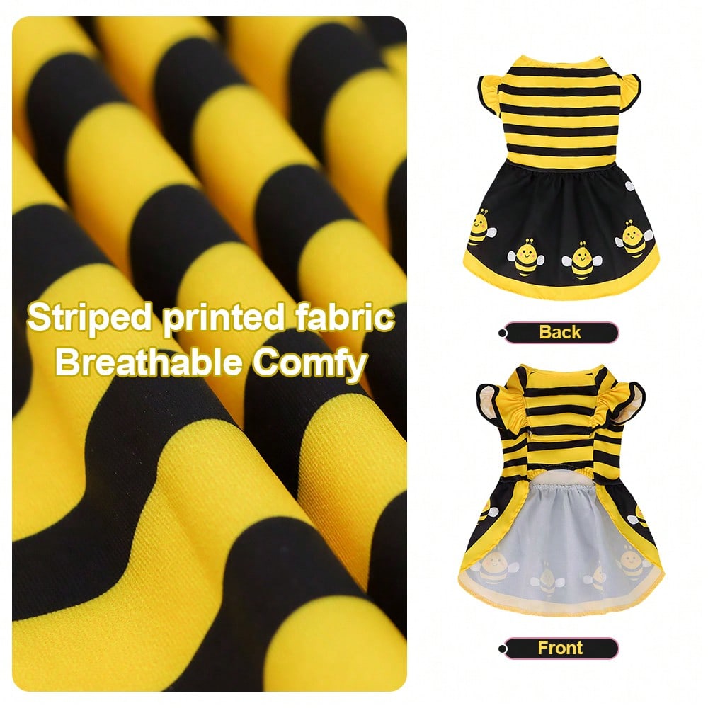 1pc Cute Bee Stripe Print Pet Dog Dress With Flutter Sleeves, Suitable For Small/Medium Dogs And Cats In Summer
