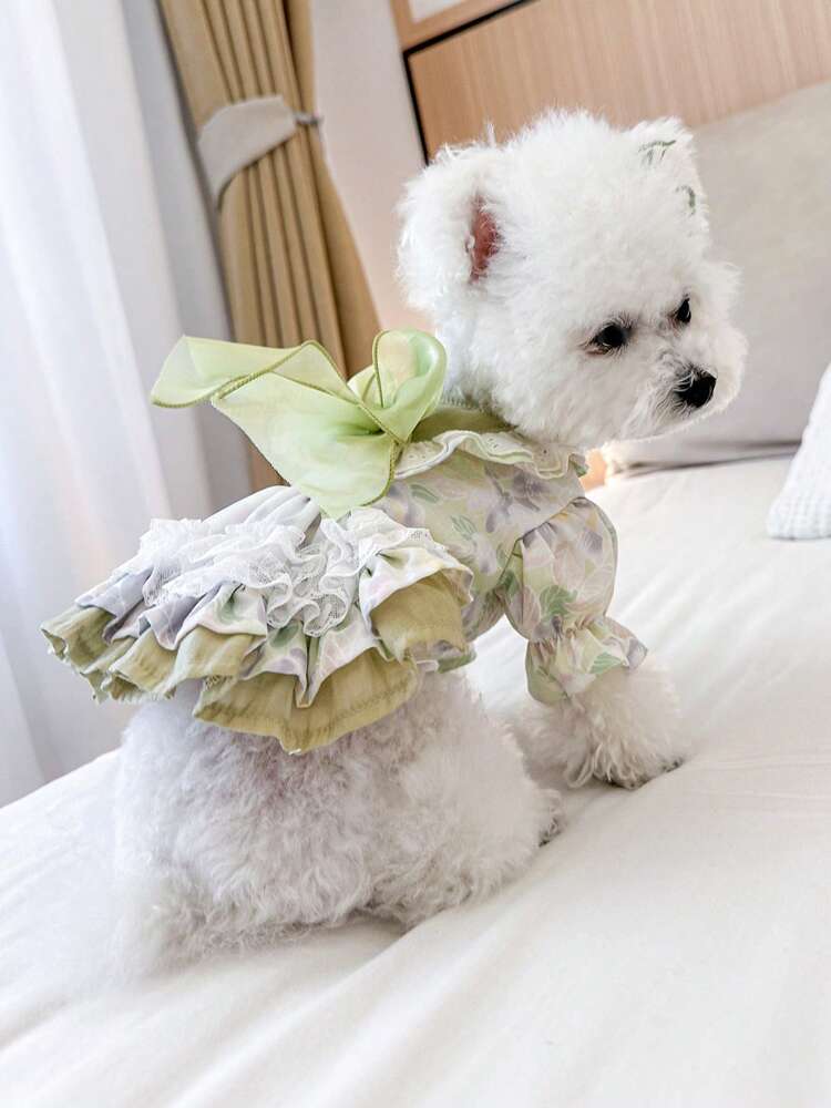 1pc Pet Dress, Cute & Stylish Puppy/Kitten Outfit, Small Breed Dogs Apparel, Comfortable Green Fairy-Tale Dress