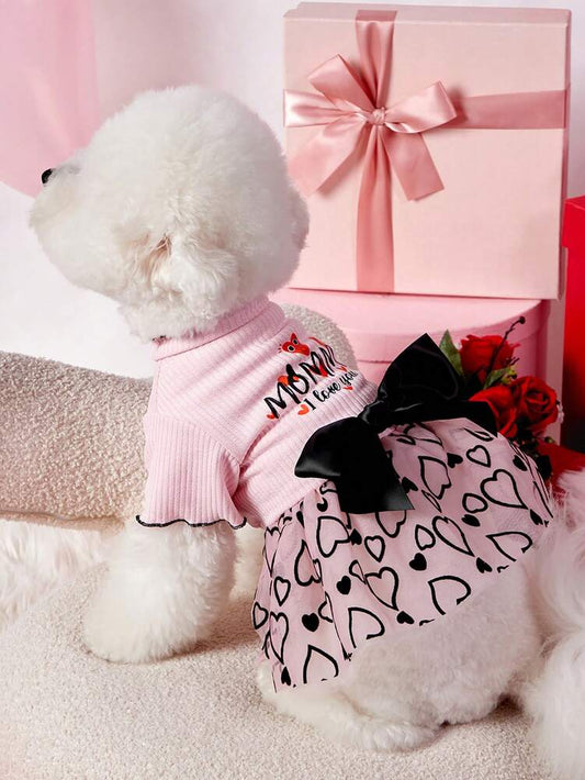 Dog Dress Valentine's Day Pink Knitted Patchwork Heart Flocked Mesh Bowknot Cute Outfit for Small Medium Dogs - Festive Apparel for Pets, Comfortable & Stylish Gift