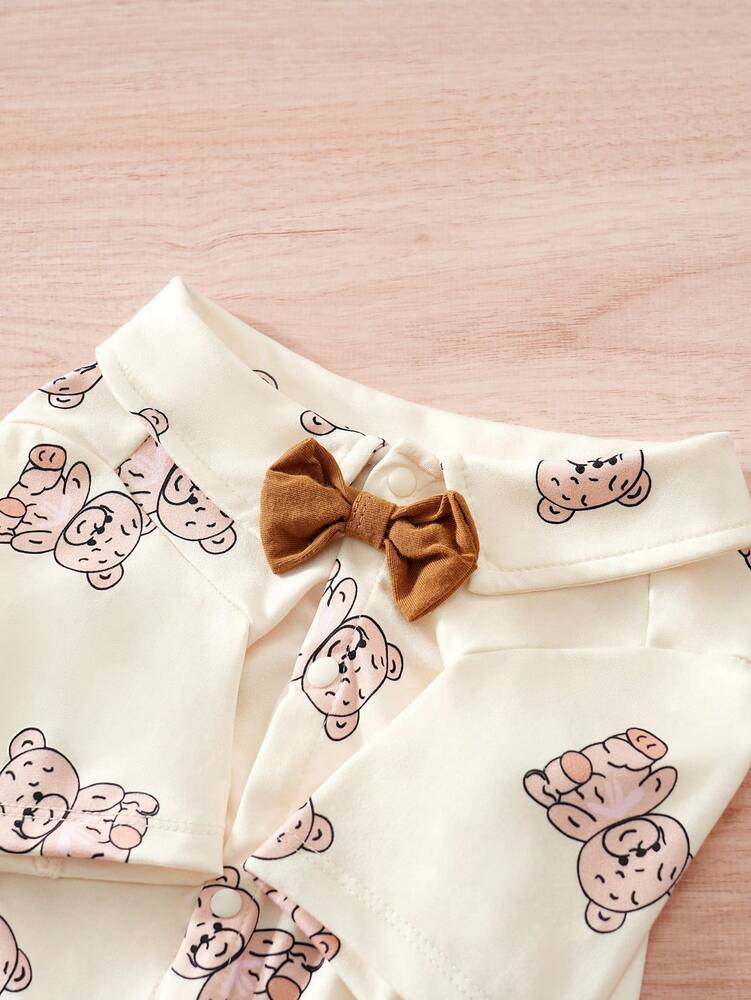 1pc Cute Bear Pattern Bow Tie Pet Shirt For Small Dog Cat, Suitable For Spring & Autumn