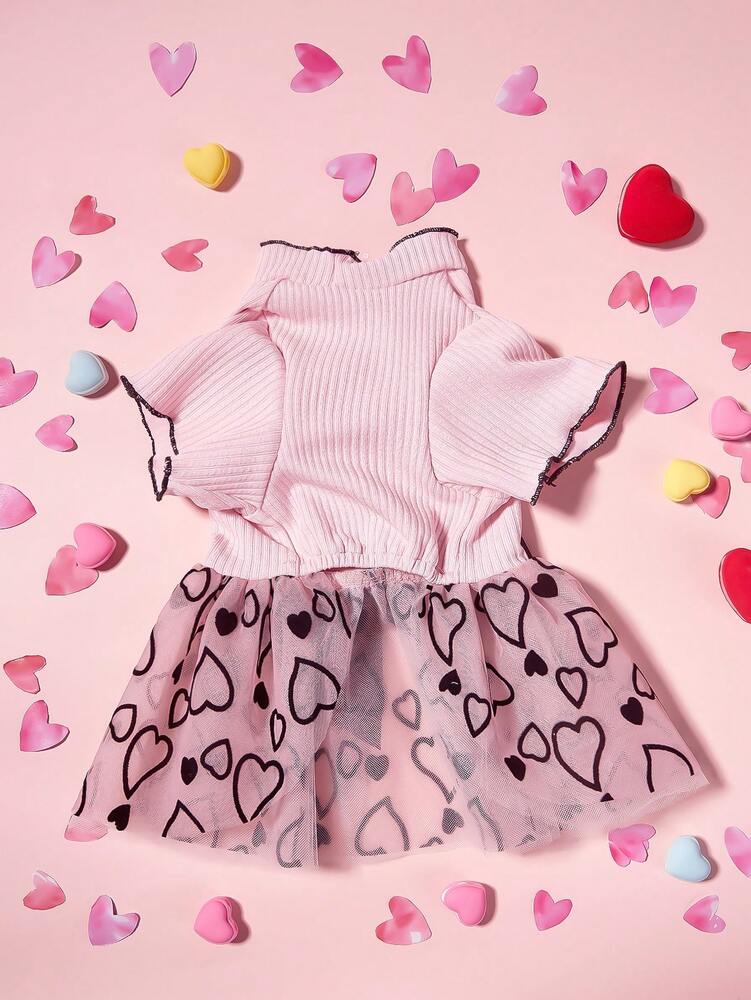 Dog Dress Valentine's Day Pink Knitted Patchwork Heart Flocked Mesh Bowknot Cute Outfit for Small Medium Dogs - Festive Apparel for Pets, Comfortable & Stylish Gift