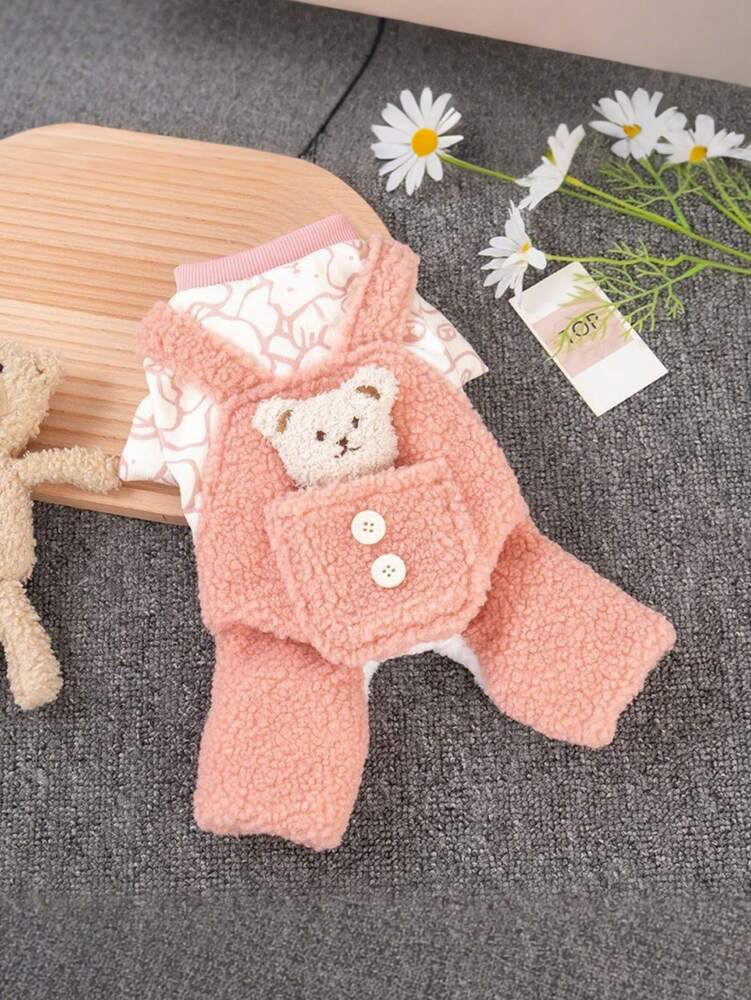 SHEIN Thermal Lined Pet Jumpsuit With Bear Strap Design, Button Style, Thick Warm Pet Clothes For Cats And Dogs