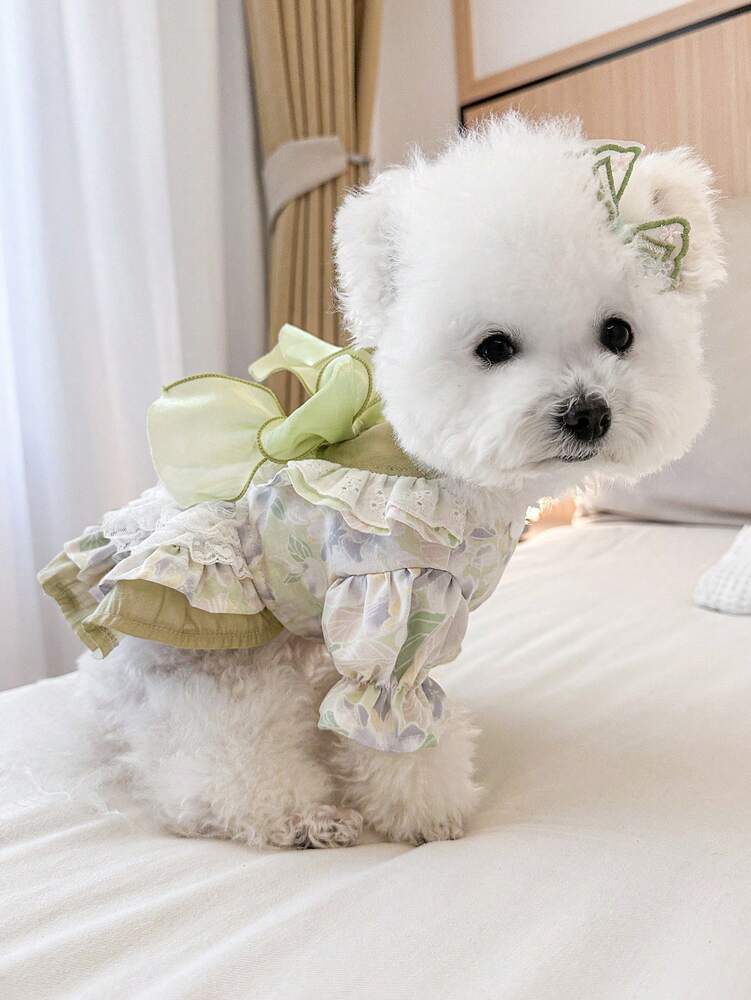 1pc Pet Dress, Cute & Stylish Puppy/Kitten Outfit, Small Breed Dogs Apparel, Comfortable Green Fairy-Tale Dress