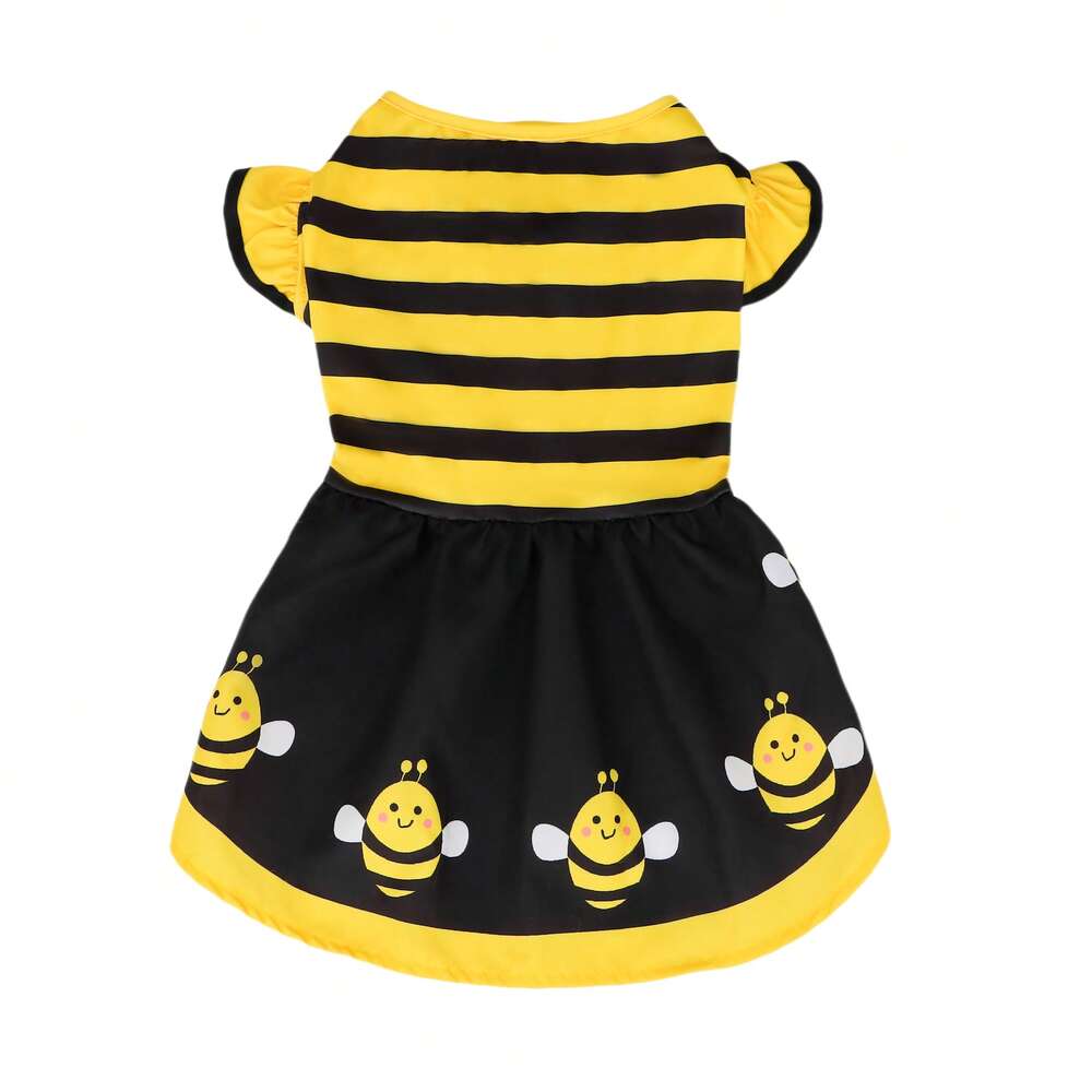 1pc Cute Bee Stripe Print Pet Dog Dress With Flutter Sleeves, Suitable For Small/Medium Dogs And Cats In Summer