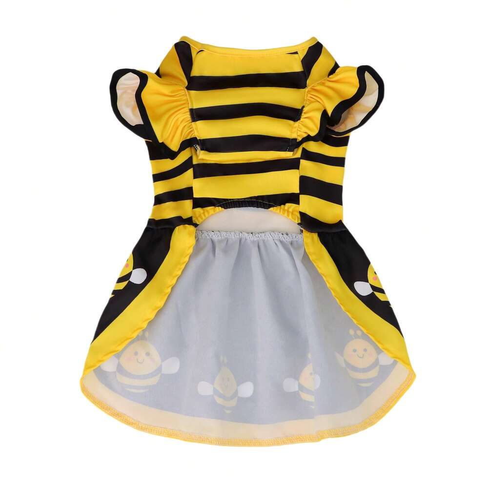 1pc Cute Bee Stripe Print Pet Dog Dress With Flutter Sleeves, Suitable For Small/Medium Dogs And Cats In Summer