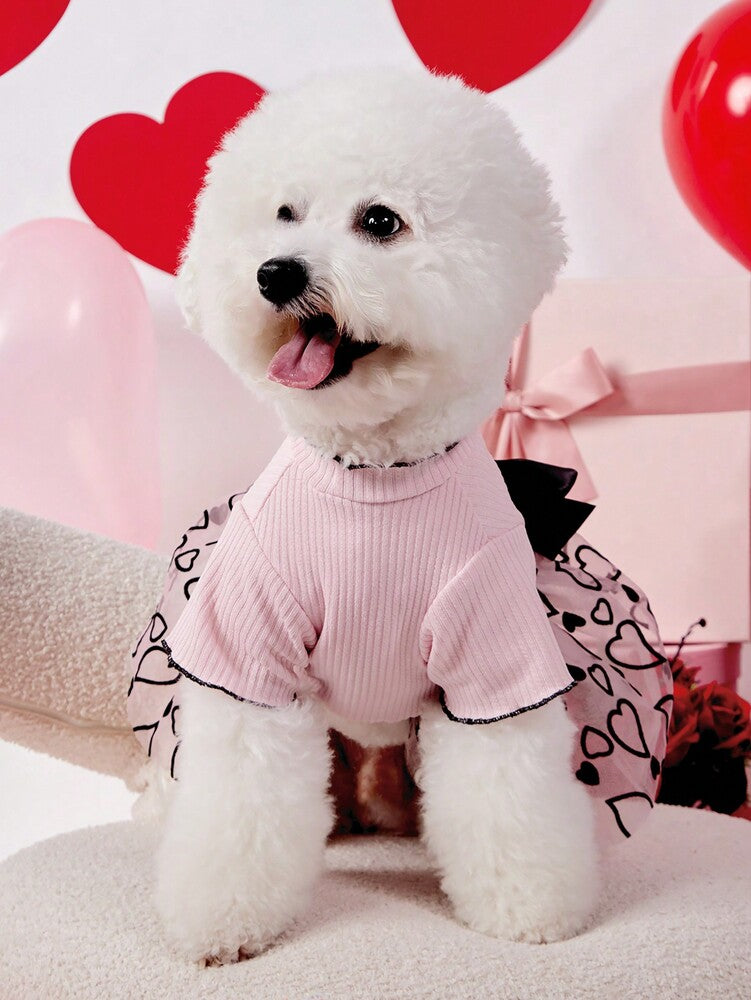Dog Dress Valentine's Day Pink Knitted Patchwork Heart Flocked Mesh Bowknot Cute Outfit for Small Medium Dogs - Festive Apparel for Pets, Comfortable & Stylish Gift