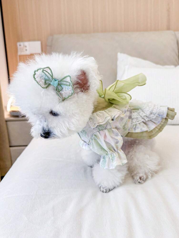 1pc Pet Dress, Cute & Stylish Puppy/Kitten Outfit, Small Breed Dogs Apparel, Comfortable Green Fairy-Tale Dress