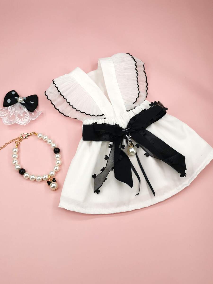 1pc Bow Decor Pet Dress & 1pc Pet Necklace & 1pc Pet Hair Clip