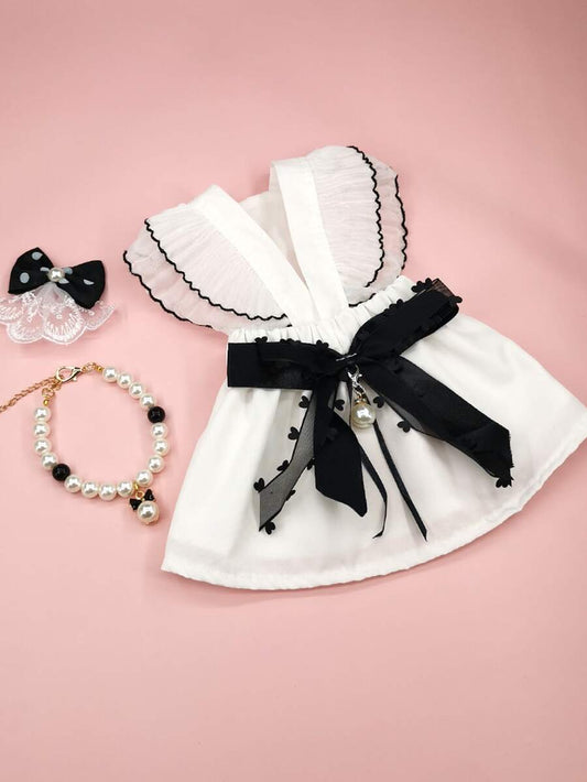 1pc Bow Decor Pet Dress & 1pc Pet Necklace & 1pc Pet Hair Clip