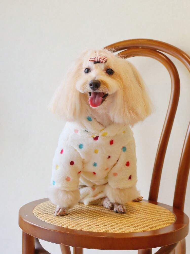 1pc Coral Fleece Polka Dot Hooded Jumpsuit Pet Winter Clothes For Cats & Dogs, Super Soft & Warm