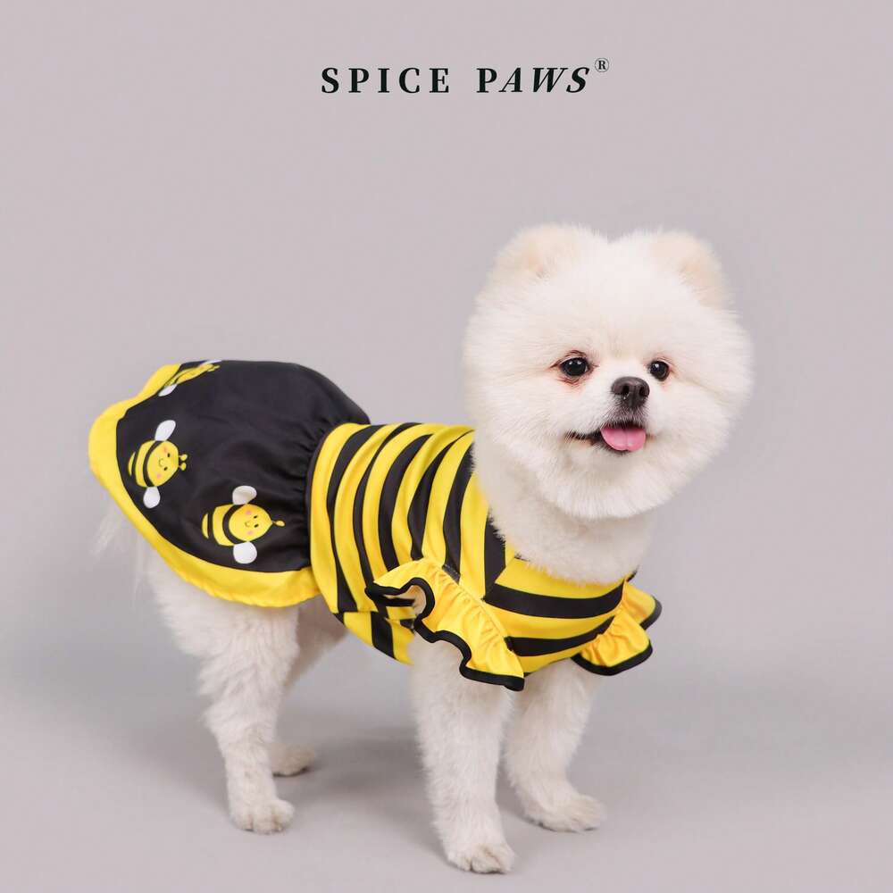 1pc Cute Bee Stripe Print Pet Dog Dress With Flutter Sleeves, Suitable For Small/Medium Dogs And Cats In Summer