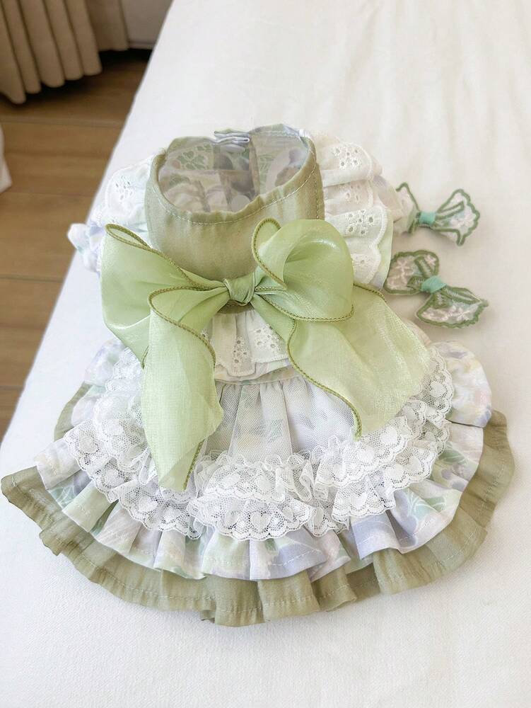 1pc Pet Dress, Cute & Stylish Puppy/Kitten Outfit, Small Breed Dogs Apparel, Comfortable Green Fairy-Tale Dress