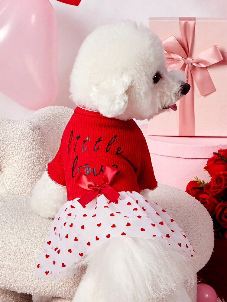 Dog Dress Valentine's Day Pink Knitted Patchwork Heart Flocked Mesh Bowknot Cute Outfit for Small Medium Dogs - Festive Apparel for Pets, Comfortable & Stylish Gift