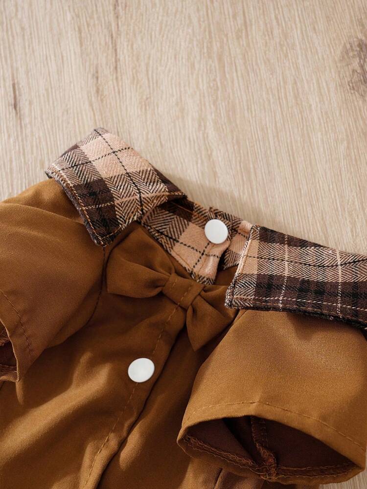 1pc Brown Plaid Collar Pet Shirt For Small Dogs And Cats, Spring/Autumn