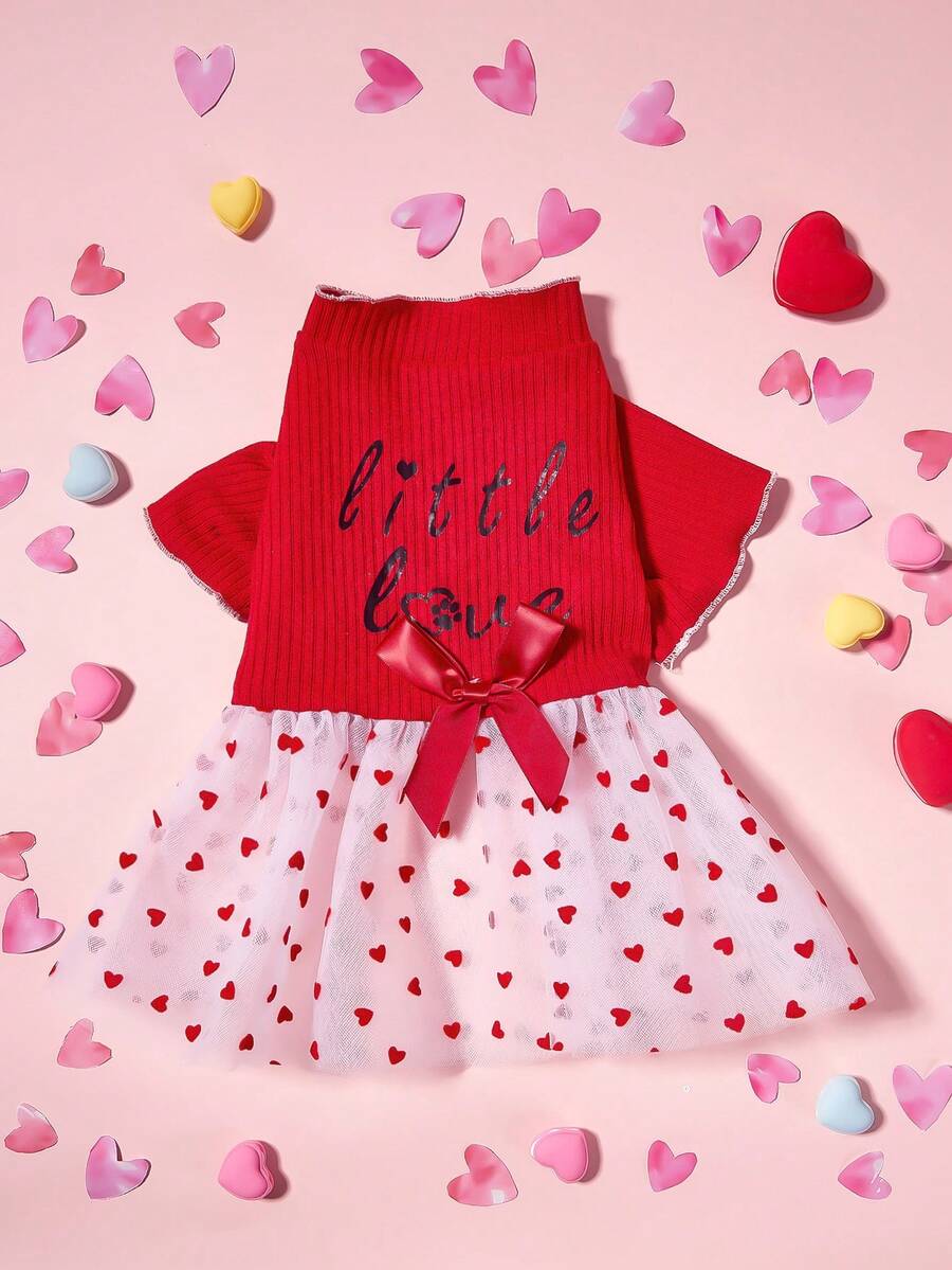 Dog Dress Valentine's Day Pink Knitted Patchwork Heart Flocked Mesh Bowknot Cute Outfit for Small Medium Dogs - Festive Apparel for Pets, Comfortable & Stylish Gift