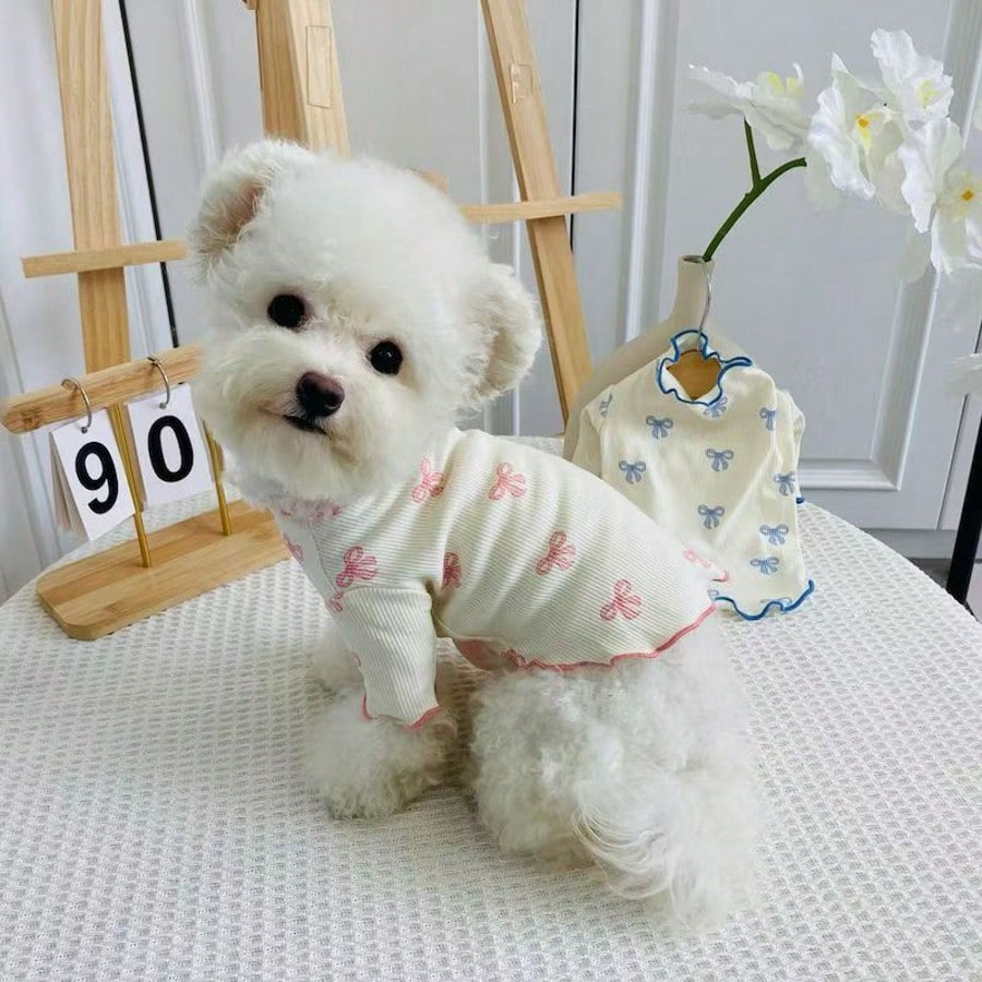 1pc Pet Dog/Cat Full Body Print Dress with Pink Bow Tie – Breathable Outfit for Teddy, Poodle, Chihuahua