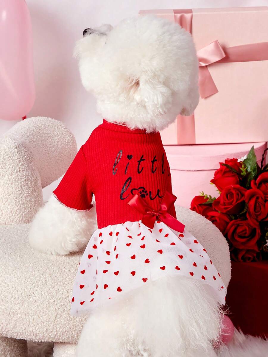 Dog Dress Valentine's Day Pink Knitted Patchwork Heart Flocked Mesh Bowknot Cute Outfit for Small Medium Dogs - Festive Apparel for Pets, Comfortable & Stylish Gift